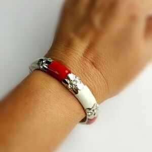 NWT Red and white enamel with crystals  gold tone bangle bracelet